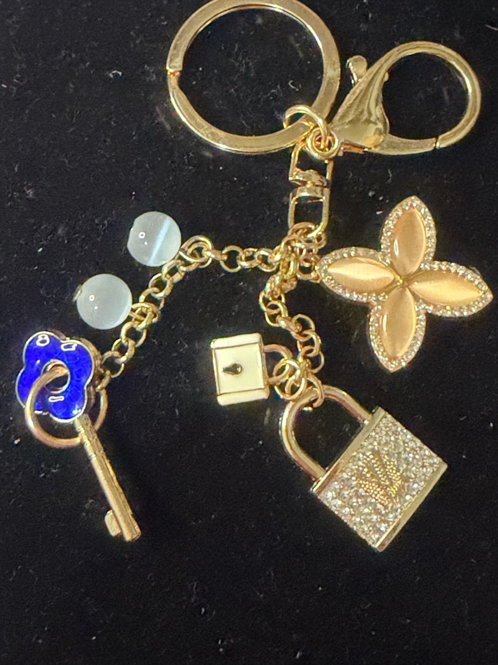Gold-Tone Floral & Lock Charm Keychain with Blue Accent